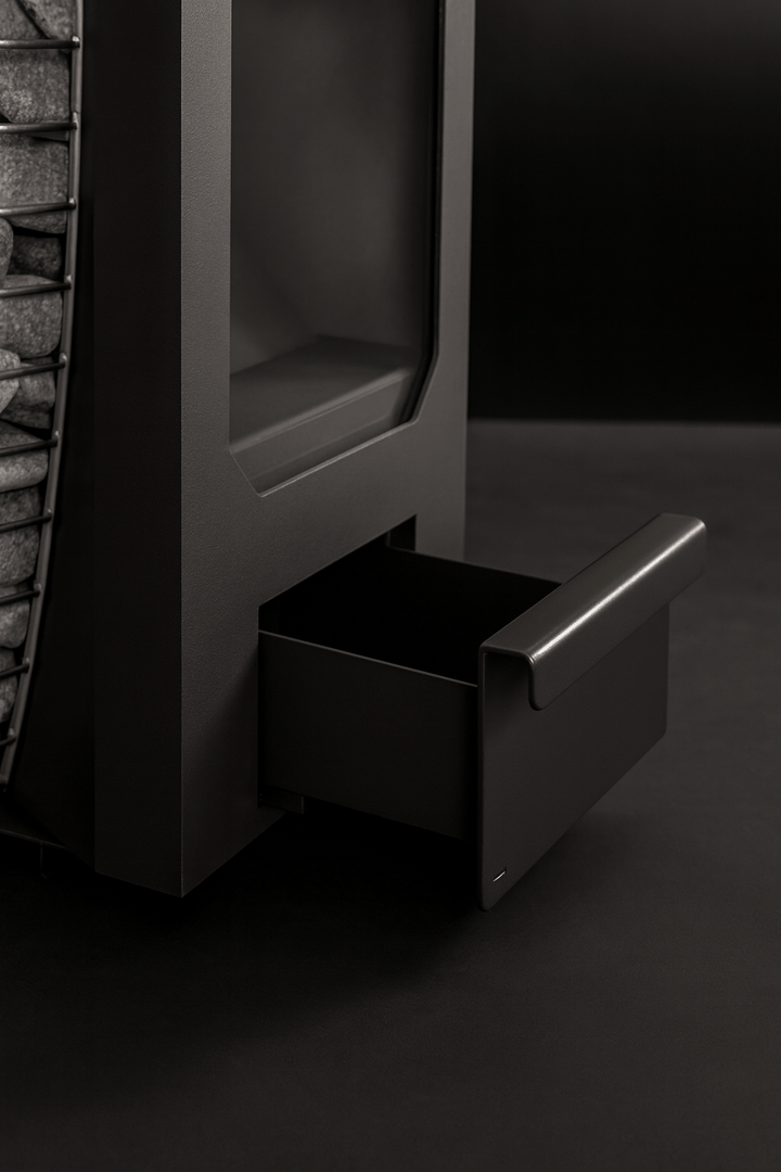 HUUM wood burning sauna stove with a sleek design and a storage drawer for convenience