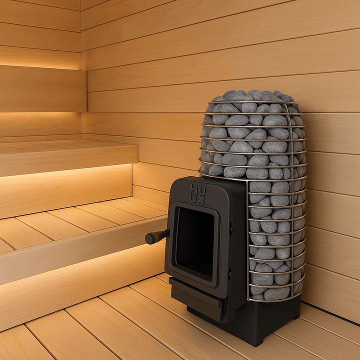 HUUM wood burning sauna stove with stone basket in a wooden sauna interior