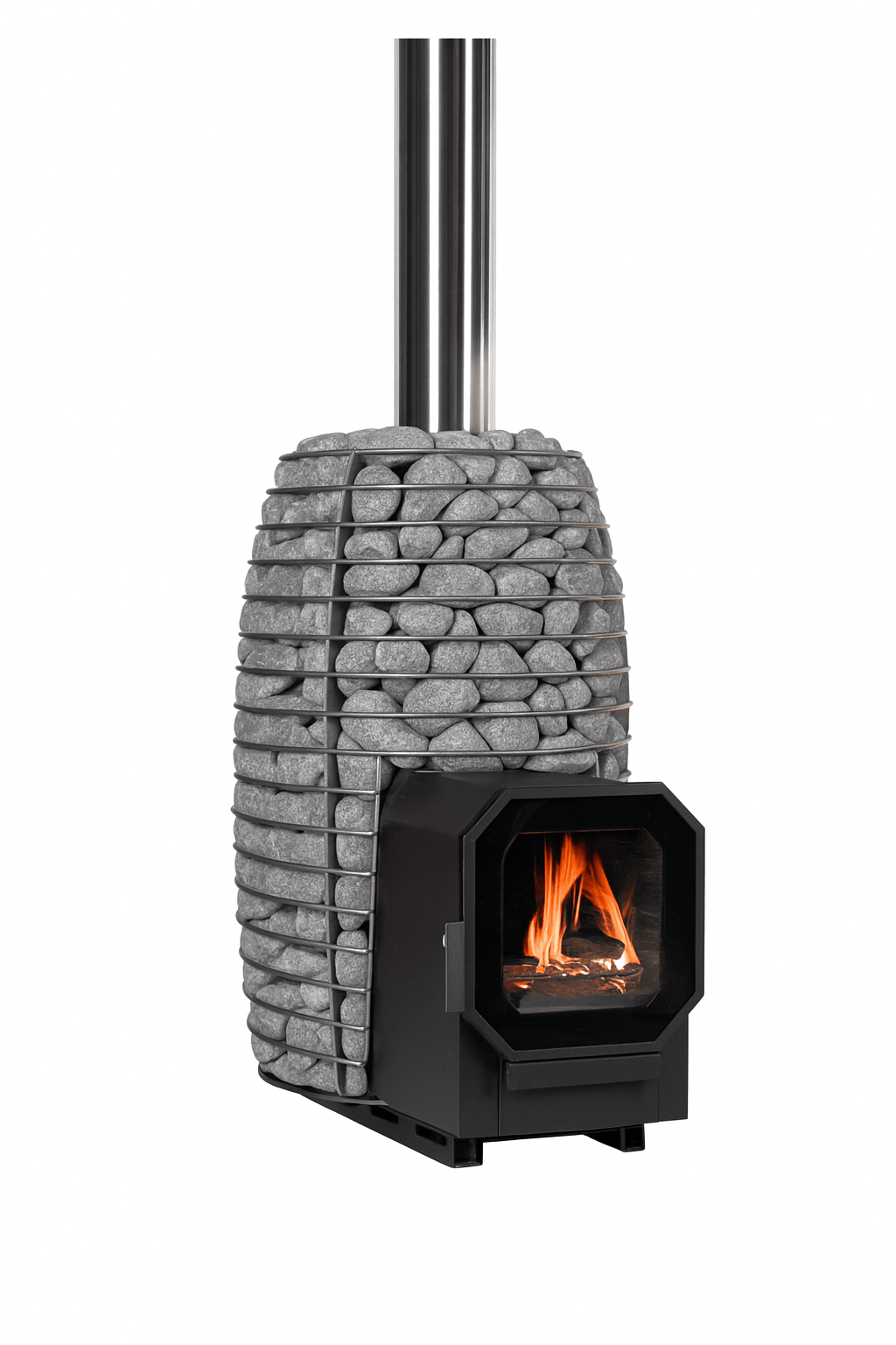HUUM wood burning sauna stove with stone surround and visible flames for effective heating