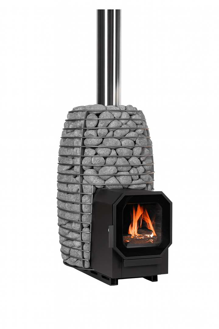 HUUM wood burning sauna stove with stone surround and visible flames for effective heating
