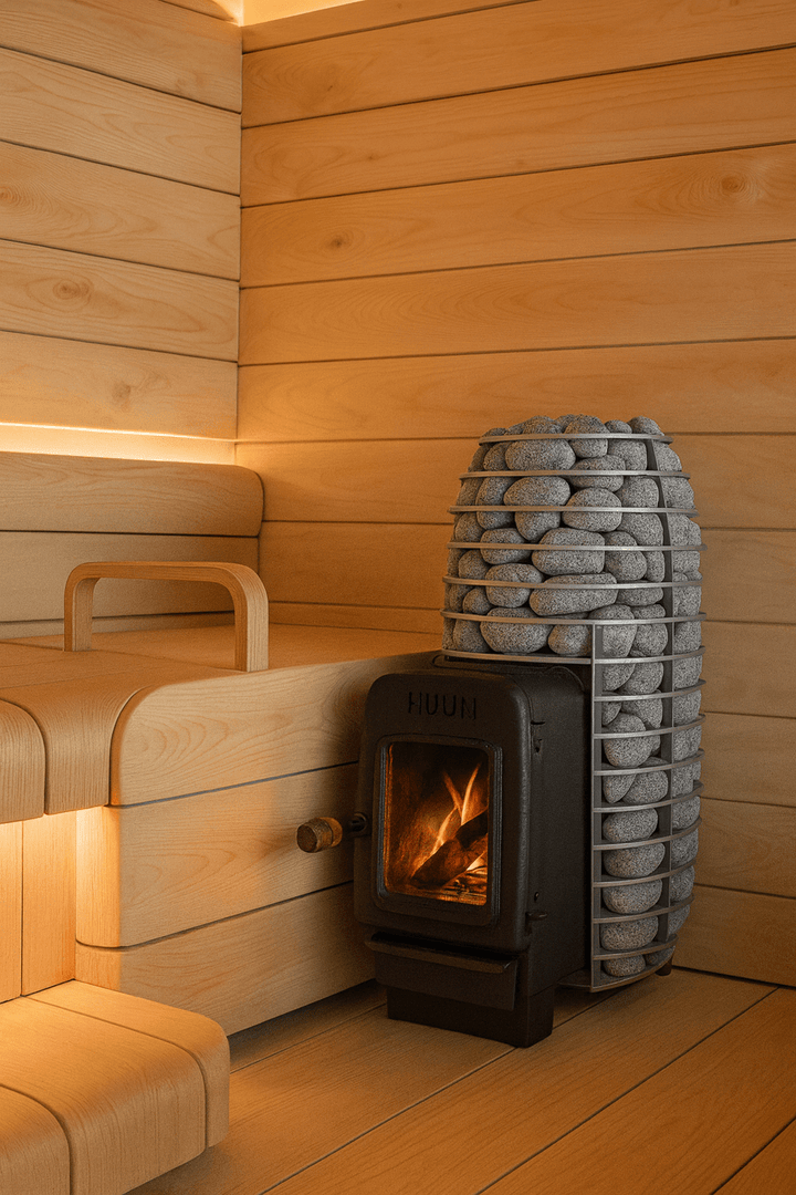 HUUM wood burning sauna stove with stone surround and fire visible inside a wooden sauna