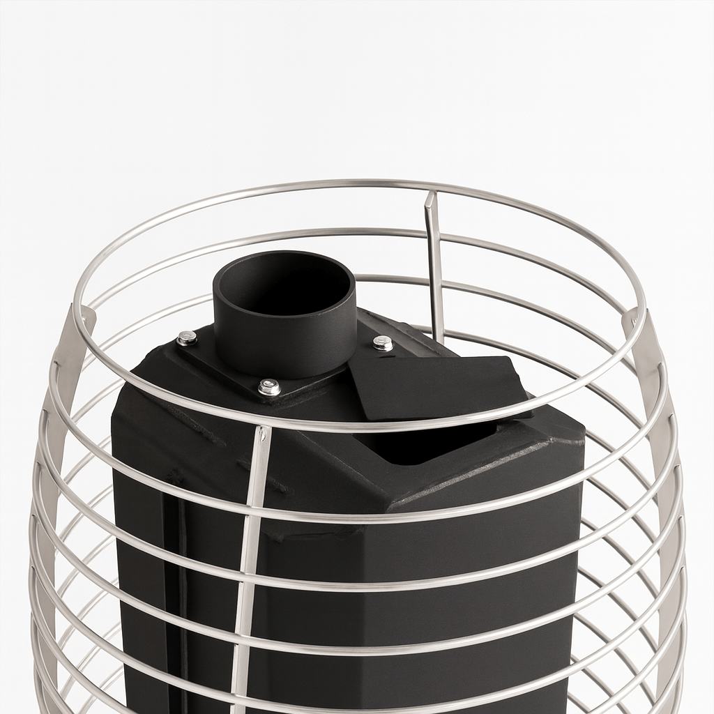 HUUM wood burning sauna stove with sleek design and protective wire casing for efficient heating