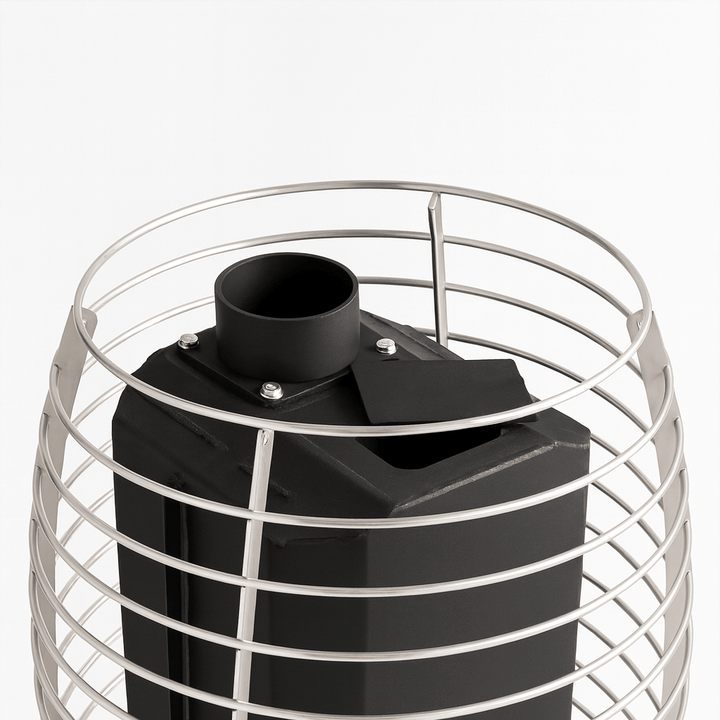 HUUM wood burning sauna stove with sleek design and protective wire casing for efficient heating