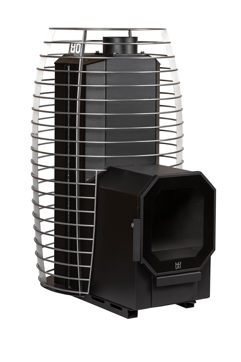 HUUM wood burning sauna stove with sleek design and protective outer cage for efficient heating
