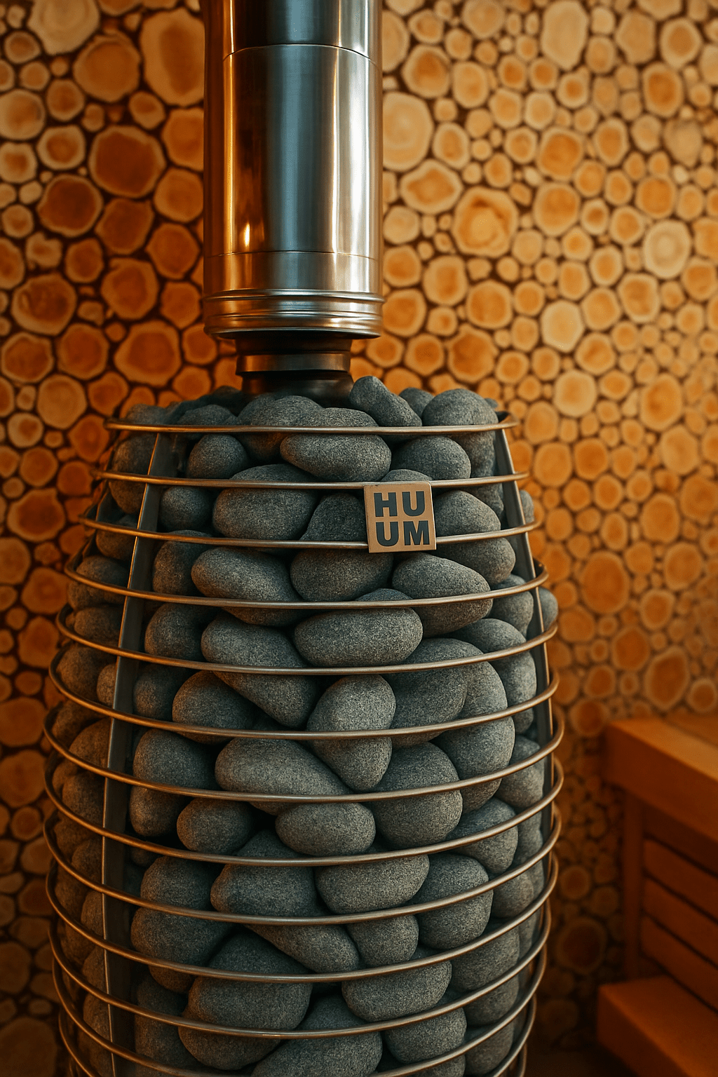 HUUM wood burning sauna stove with smooth stones, designed for efficient heat in saunas