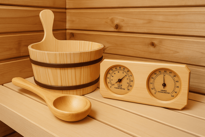 Wooden sauna accessory set including a bucket, ladle, and thermometer for an authentic sauna experience