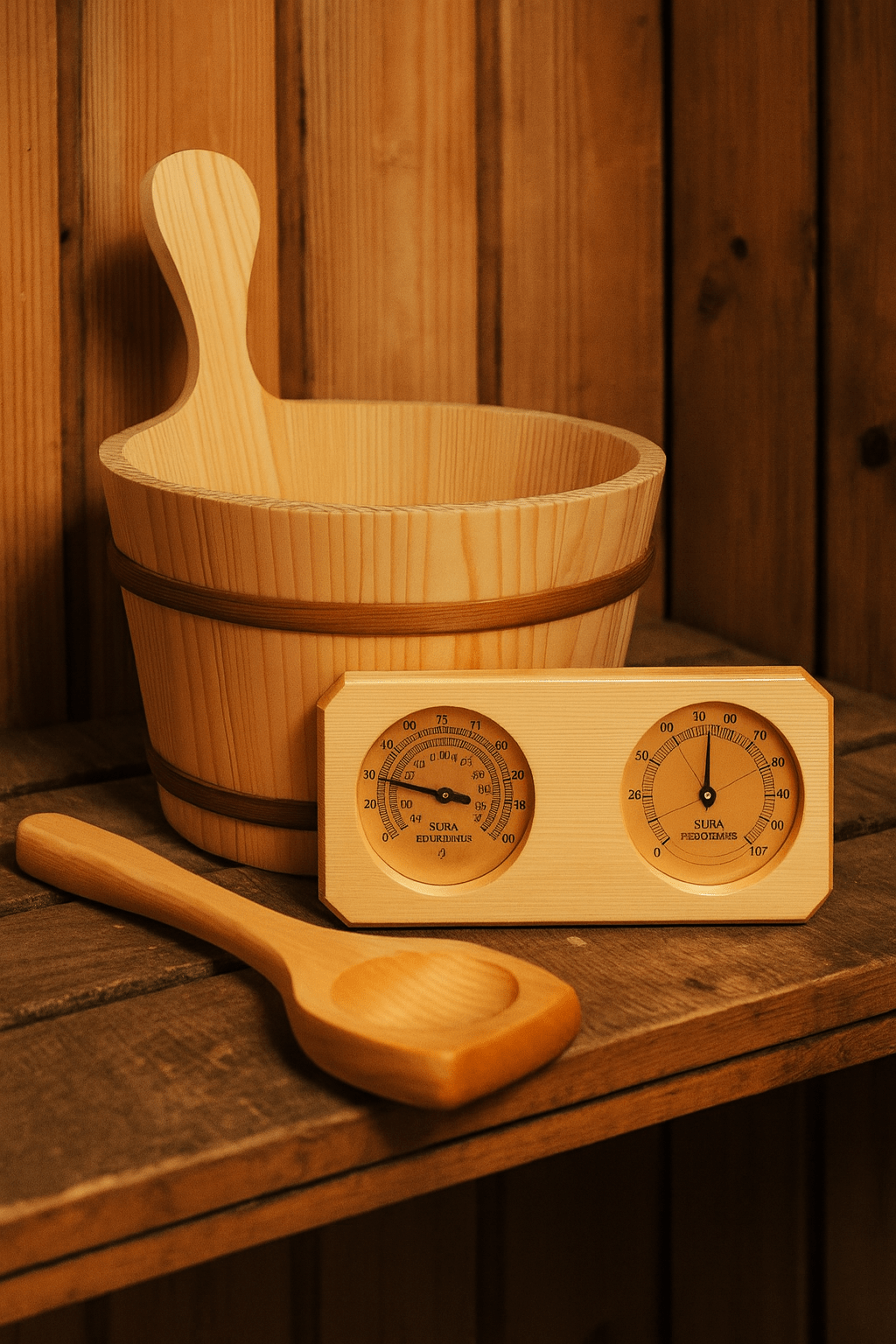 Wooden sauna accessory set including bucket, scoop, and thermometer for an authentic sauna experience