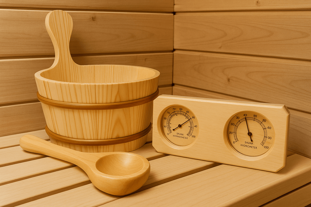 Wooden sauna accessory set including a bucket, scoop, and thermometers for an authentic sauna experience