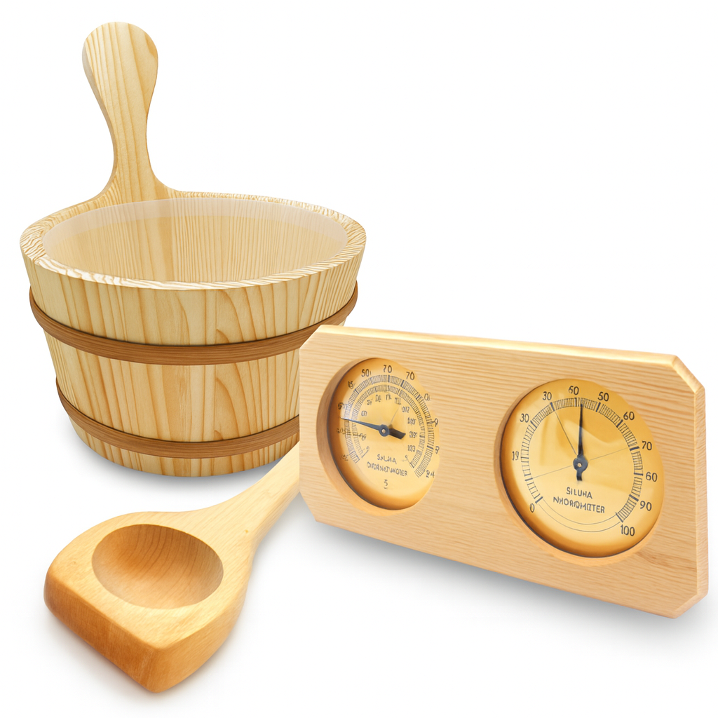 SaunaLife wooden sauna accessory set including a wooden bucket with handle, ladle, and thermometer hygrometer